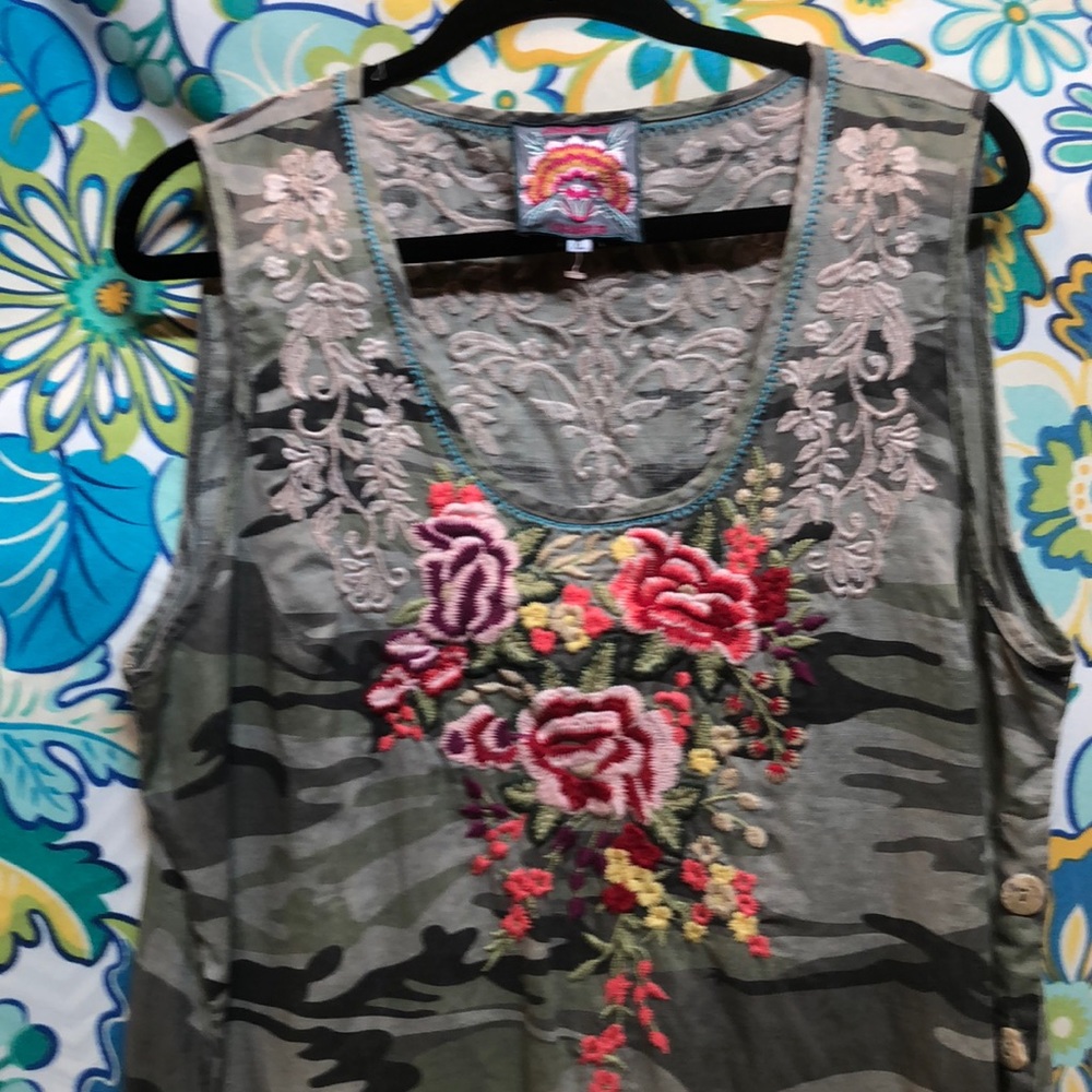 Johnny Was Olive Camo Midi Dress with Pink & Red Floral Embroidery